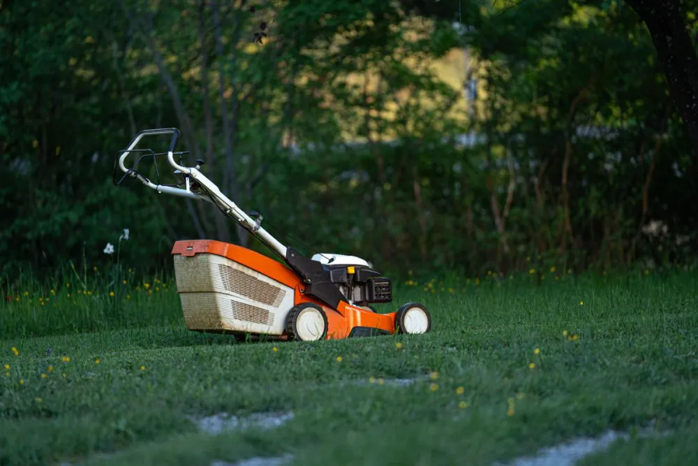 Lawn mower on a green residential lawn